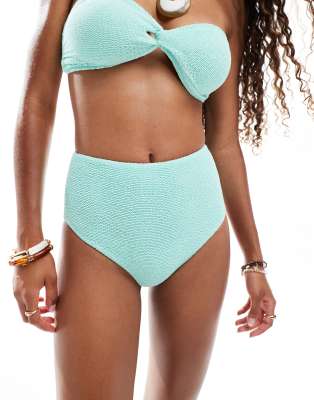 Asos Design Charlene Textured High Leg High Waist Bikini Bottoms In Blue