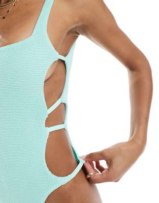 Asos Design Charlene Textured Swimsuit With Scoop Neck And Cut Out In Blue