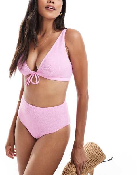 ASOS DESIGN Charlene textured high leg high waist bikini bottom light pink