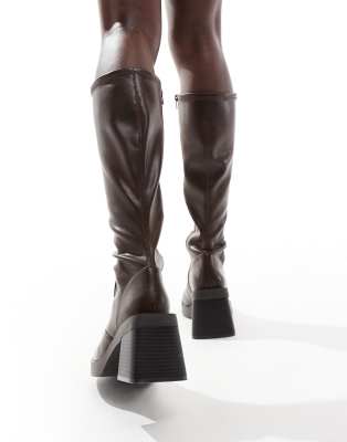 Bottes Pour Femme Style Cowboy - Bout Pointu, Tige Genou, Talon Plateforme - En Cuir Souple, Chaudes Et Confortables - Pour Automne/hiver - 9