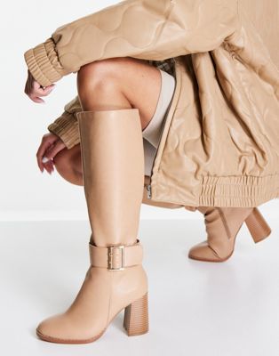 ASOS DESIGN Charlotte heeled knee boots with buckle trim in camel
