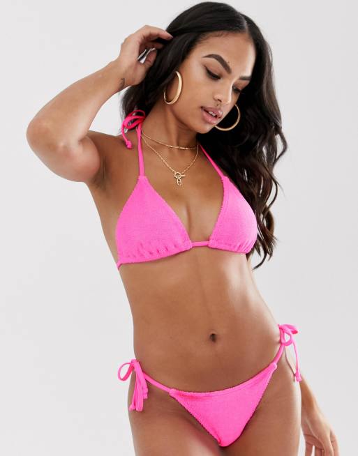 Cotton On high side brazilian bikini bottom in pink crinkle