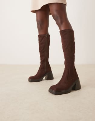 Charly - Bottes hauteur genou en suédine à talon - Chocolat-Brown 42