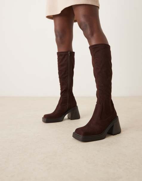 ASOS DESIGN Charly heeled knee boots in chocolate suedette - view 1