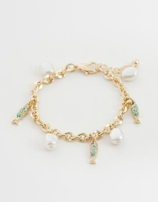 Asos Design Charm Bracelet With Fish And Faux Pearls In Gold
