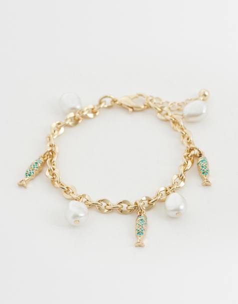ASOS DESIGN charm bracelet with fish and faux pearls in gold tone - view 1