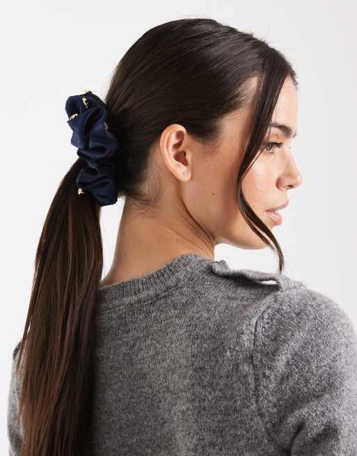 ASOS DESIGN charm scrunchie in navy with gold star charms, 3 of 3