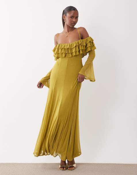 ASOS DESIGN - Chartreusegrøn offshoulder-maxikjole med fyldige indsnit og flæser i mesh - view 1