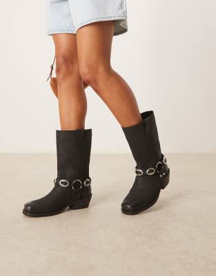 ASOS DESIGN Chase leather boho harness knee boots in black nubuck - view 1