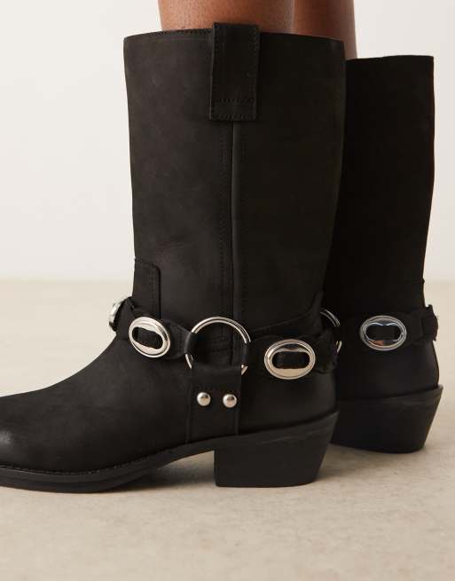 ASOS DESIGN Chase leather boho harness knee boots in black nubuck
