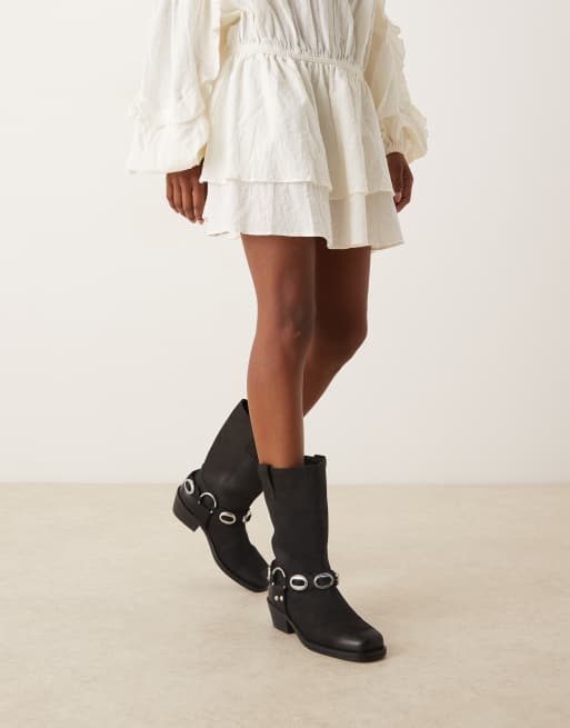 ASOS DESIGN Chase leather boho harness knee boots in black nubuck