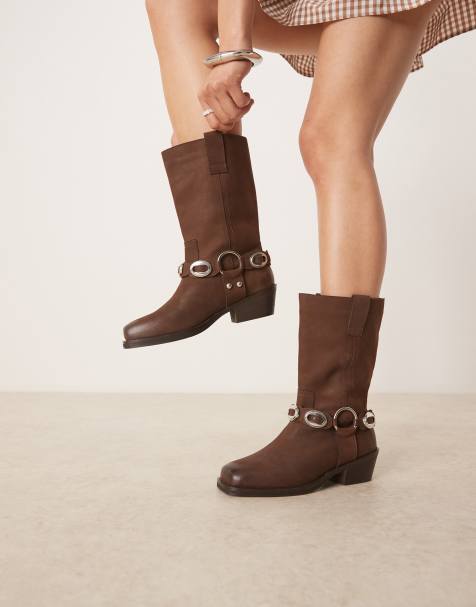 ASOS DESIGN Chase leather boho harness knee boots in brown nubuck - view 1