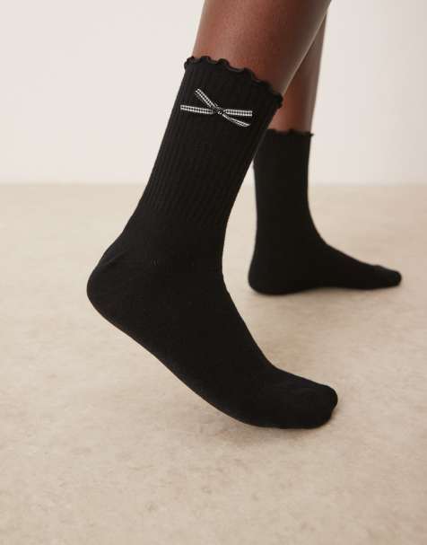 ASOS DESIGN - Chaussettes à bord supérieur volanté et nœud à carreaux vichy - Noir - view 1