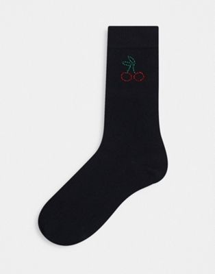 ASOS DESIGN ankle socks in black with rhinestone cherry design - ASOS Price Checker