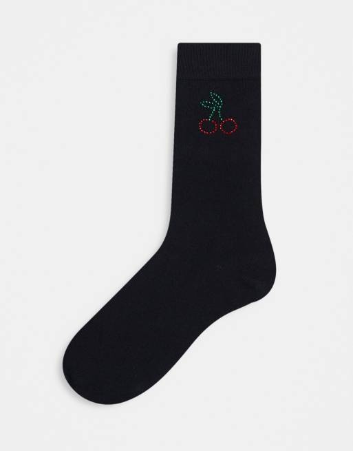 ASOS DESIGN - Chaussettes à motif cerise en strass - Noir