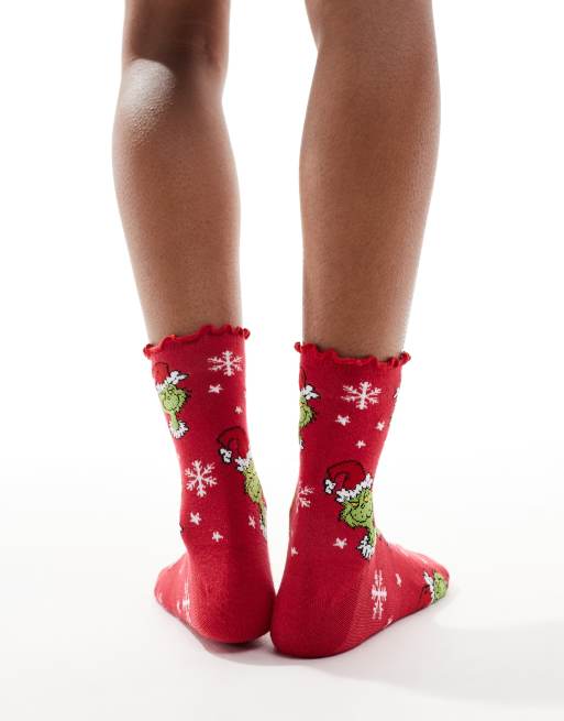 ASOS DESIGN - Chaussettes de Noël à imprimé Grinch et bords volantés - Rouge, 3 de 4