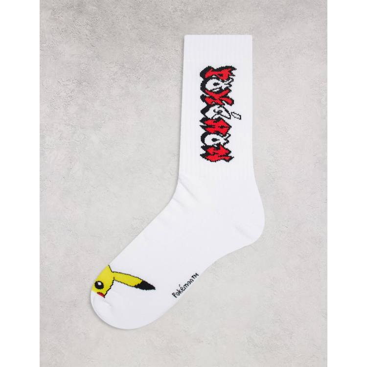 ASOS DESIGN - Chaussettes de sport Pokémon à carreaux - Blanc et bleu