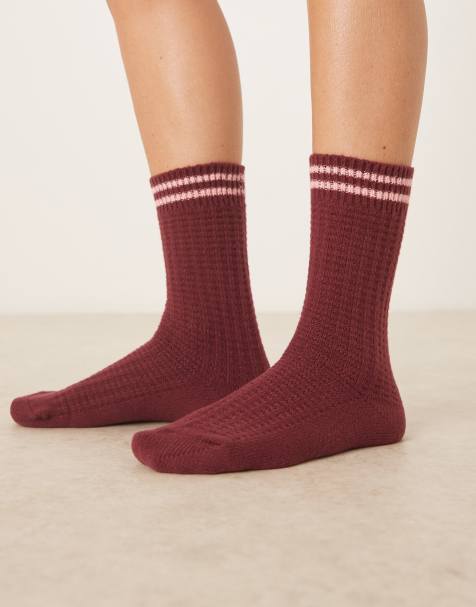 ASOS DESIGN - Chaussettes gaufrées ultra-douces à rayures - Bordeaux/rose - view 1