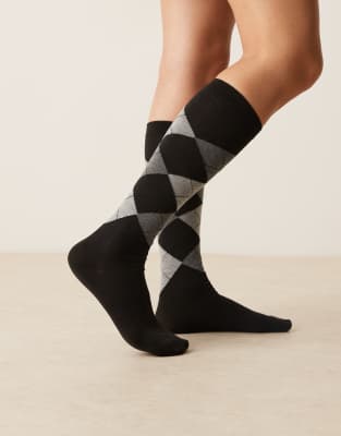 ASOS DESIGN - Chaussettes hautes à losanges - Noir et gris chiné