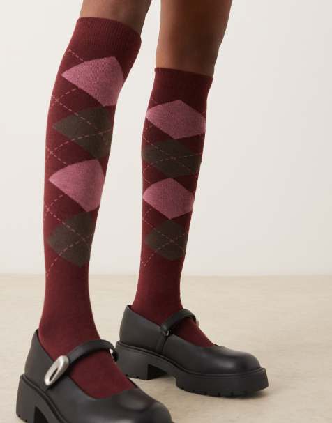 ASOS DESIGN - Chaussettes hauteur genou à motif losanges sur le devant - Bordeaux - view 1