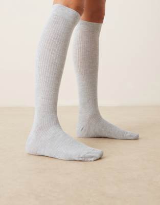 ASOS DESIGN - Chaussettes hauteur genou en maille côtelée fine - Gris clair chiné