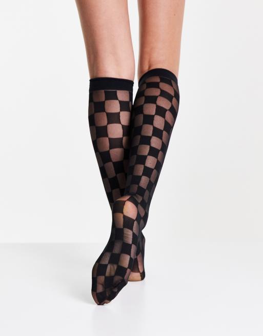 ASOS DESIGN - Chaussettes hauteur genou transparentes à motif damier - Noir, 3 de 4