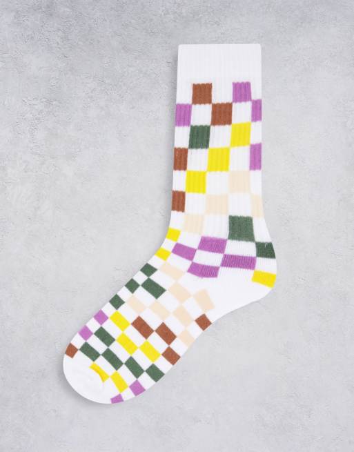 ASOS DESIGN - Chaussettes motif damier multicolore - Blanc