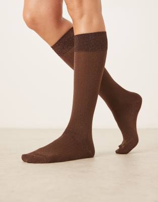 ASOS DESIGN - Chaussettes pailletées montantes en fine maille côtelée - Marron/or rose-Brown