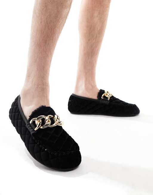 ASOS DESIGN Chaussons style mocassins en velours matelass avec d tail m tallique dor Noir