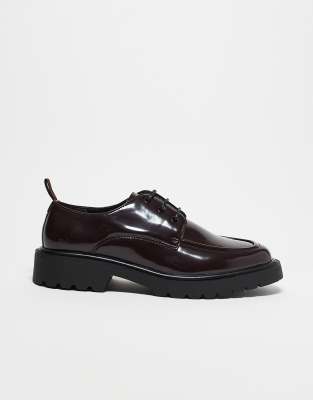 ASOS DESIGN - Chaussures en cuir glacé à lacets et bout arrondi - Bordeaux-Rouge