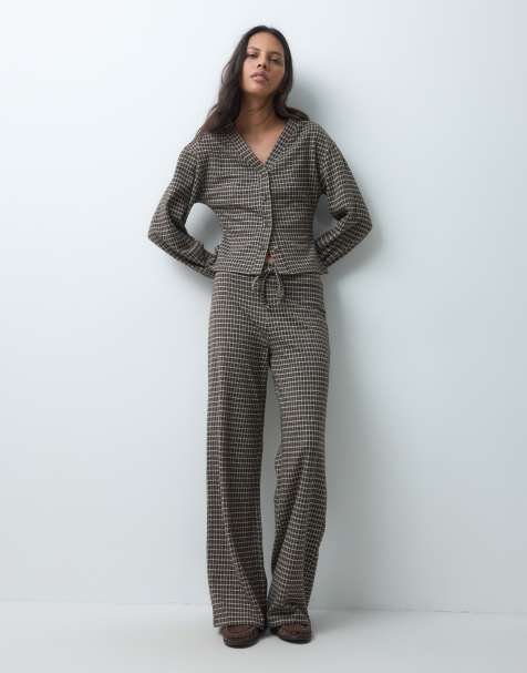 ASOS DESIGN check cardigan and wide leg co-ord in brown - view 1