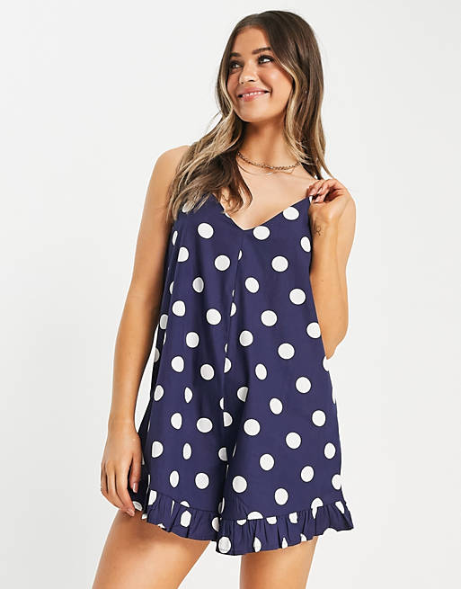 Jumpsuits & Playsuits check crinkle frill hem cami playsuit in navy spot 