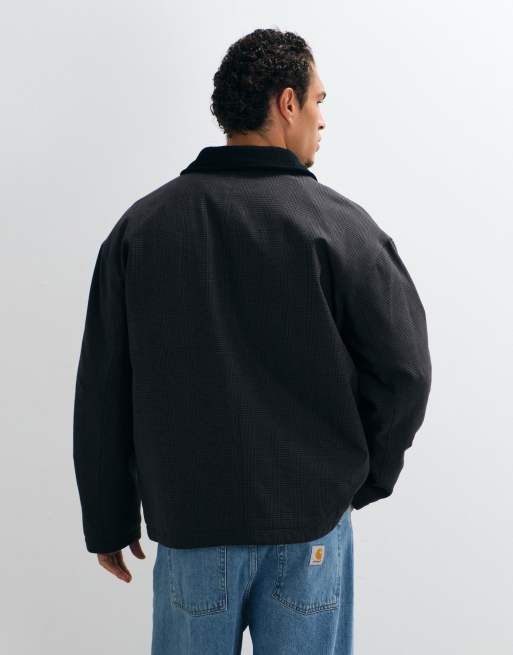 ASOS DESIGN check harrington jacket with contrast collar in blue, 4 of 5