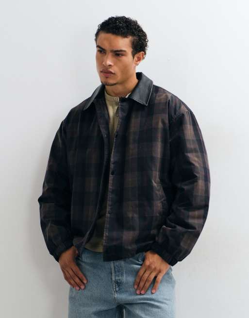 ASOS DESIGN check jacket with contrast collar and quilted lining in green, 2 of 5