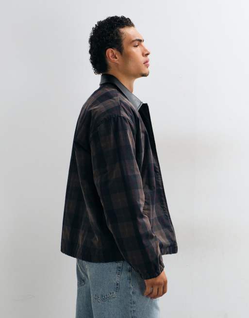 ASOS DESIGN check jacket with contrast collar and quilted lining in green, 4 of 5