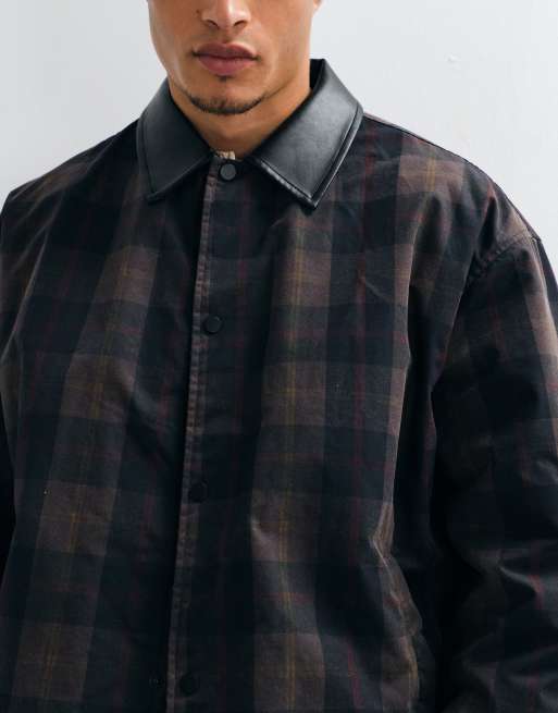 ASOS DESIGN check jacket with contrast collar and quilted lining in green, 5 of 5