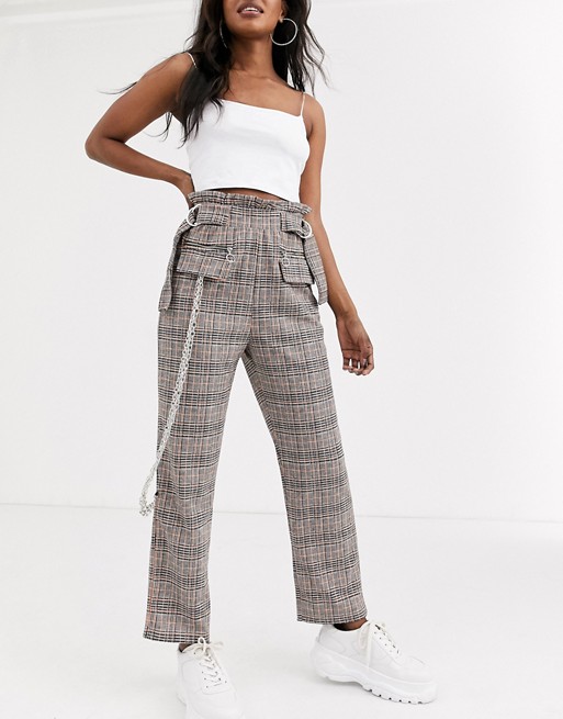 ASOS DESIGN check jacquard utility trouser with pockets and chains