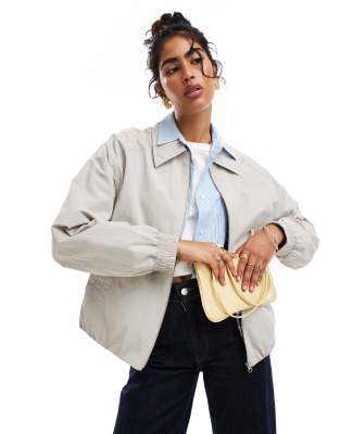 Asos Design Check Lined Harrington Jacket In Stone-neutral