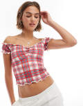[ASOS DESIGN] ASOS DESIGN check milkmaid puff sleeve top in wine-Red M RED