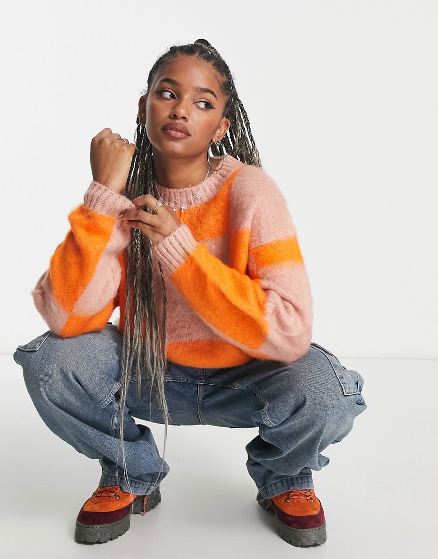 ASOS DESIGN check pattern sweater in brushed yarn in orange and pink