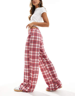 Asos Design Check Pull On Wide Leg Trousers With Boxer Detail In Wine-Red