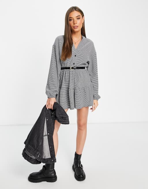 ASOS DESIGN check smock button through playsuit with belt