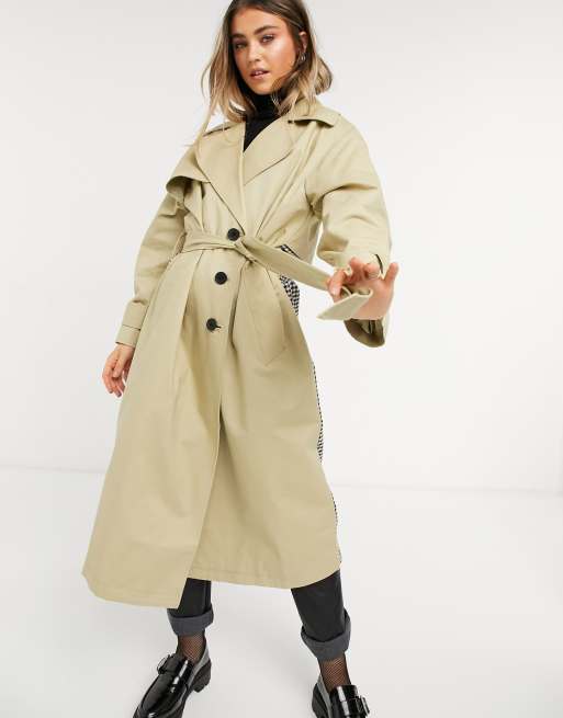 ASOS DESIGN check spliced oversized trench coat in stone