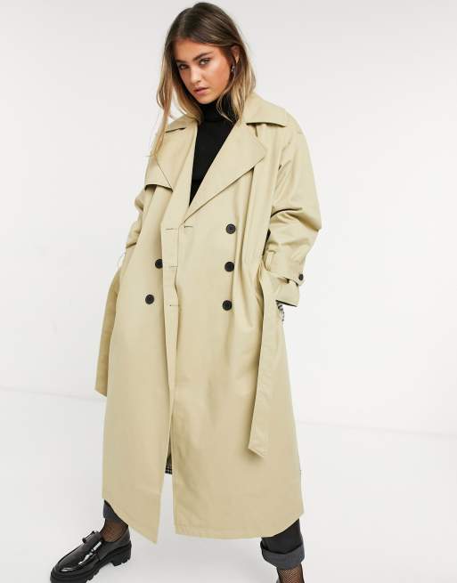 ASOS DESIGN check spliced oversized trench coat in stone