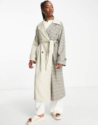 ASOS DESIGN check spliced trench coat in stone