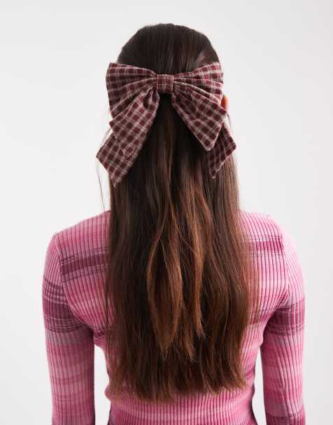 ASOS DESIGN check tartan hair bow in burgundy - view 1