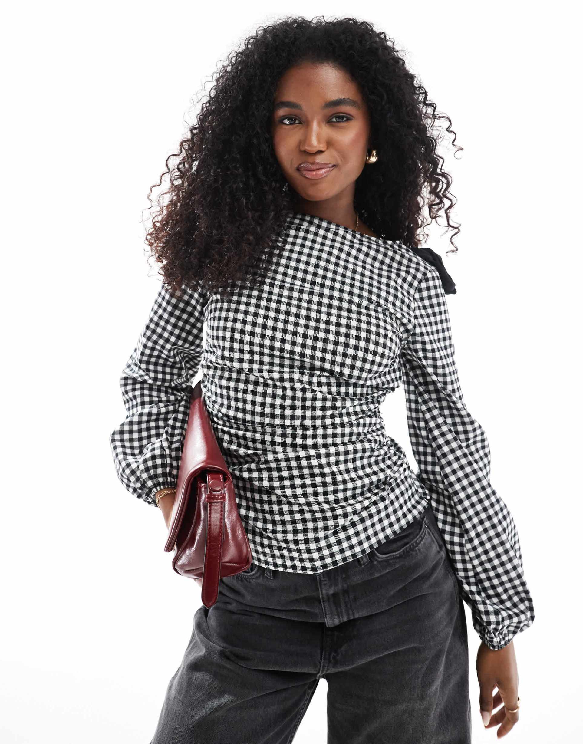 asos design check top with bow shoulder detail in black