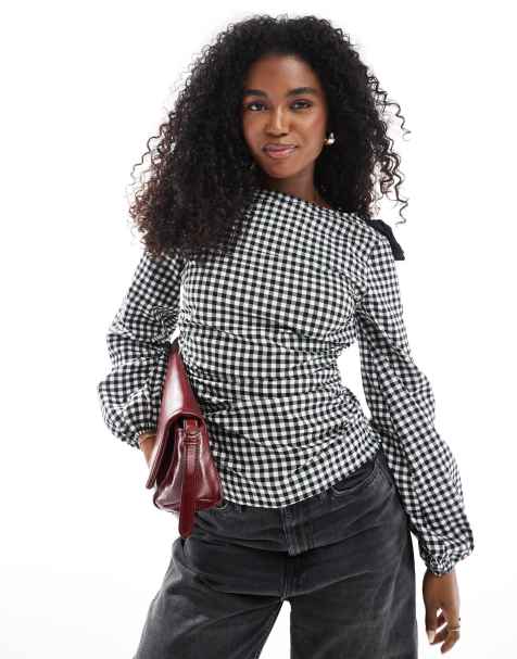 ASOS DESIGN check top with bow shoulder detail in black