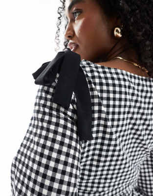 ASOS DESIGN check top with bow shoulder detail in black