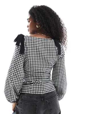 ASOS DESIGN check top with bow shoulder detail in black
